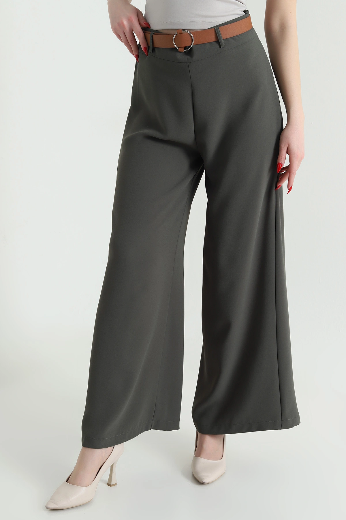 Haki Fermuarlı Tencel Crep Kadın Pantolon 440762