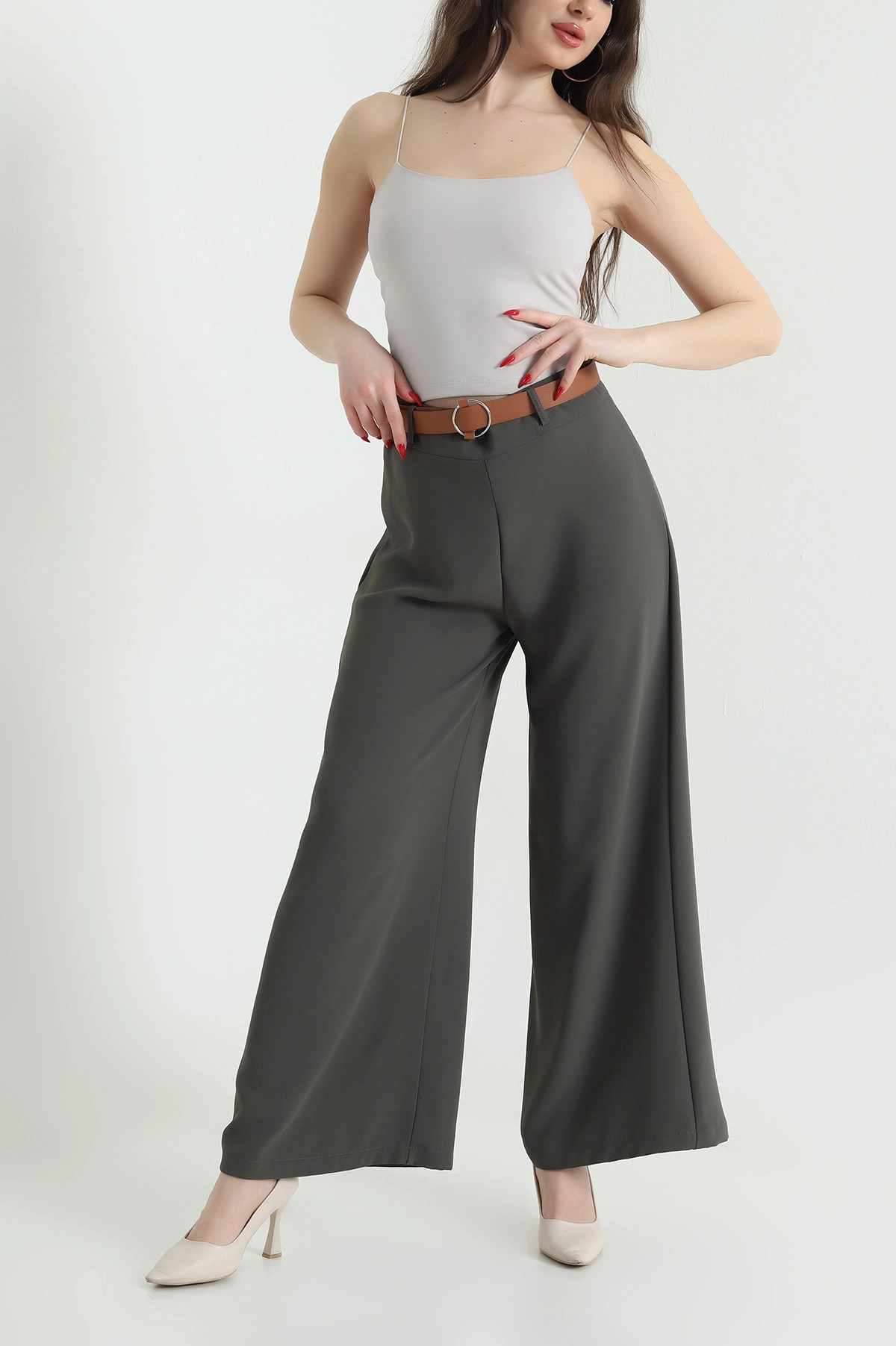 Haki Fermuarlı Tencel Crep Kadın Pantolon 440762