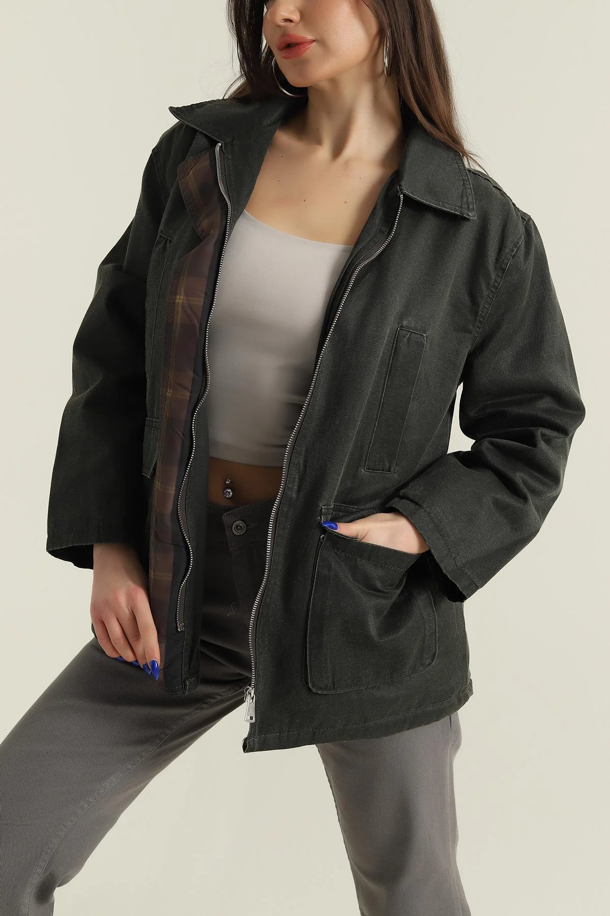 Haki Filotalı Barbour İçi Kürklü Mont 427719