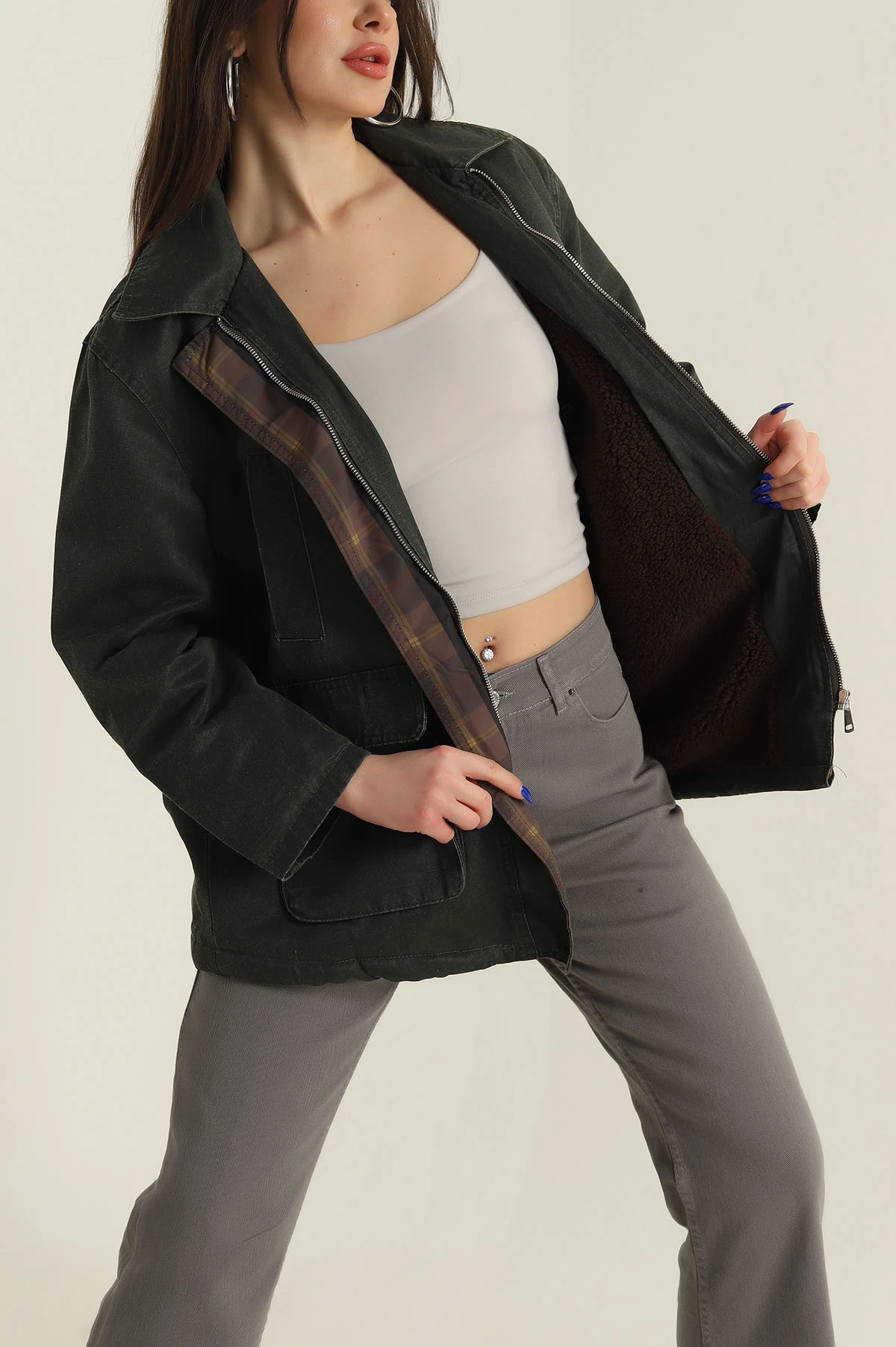 Haki Filotalı Barbour İçi Kürklü Mont 427719