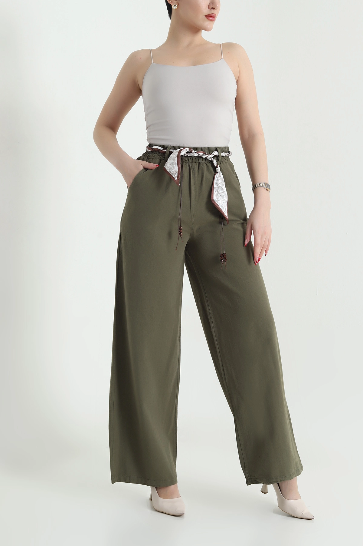 Haki Fular Kemerli Tensel Gabardin Kadın Pantolon 440439