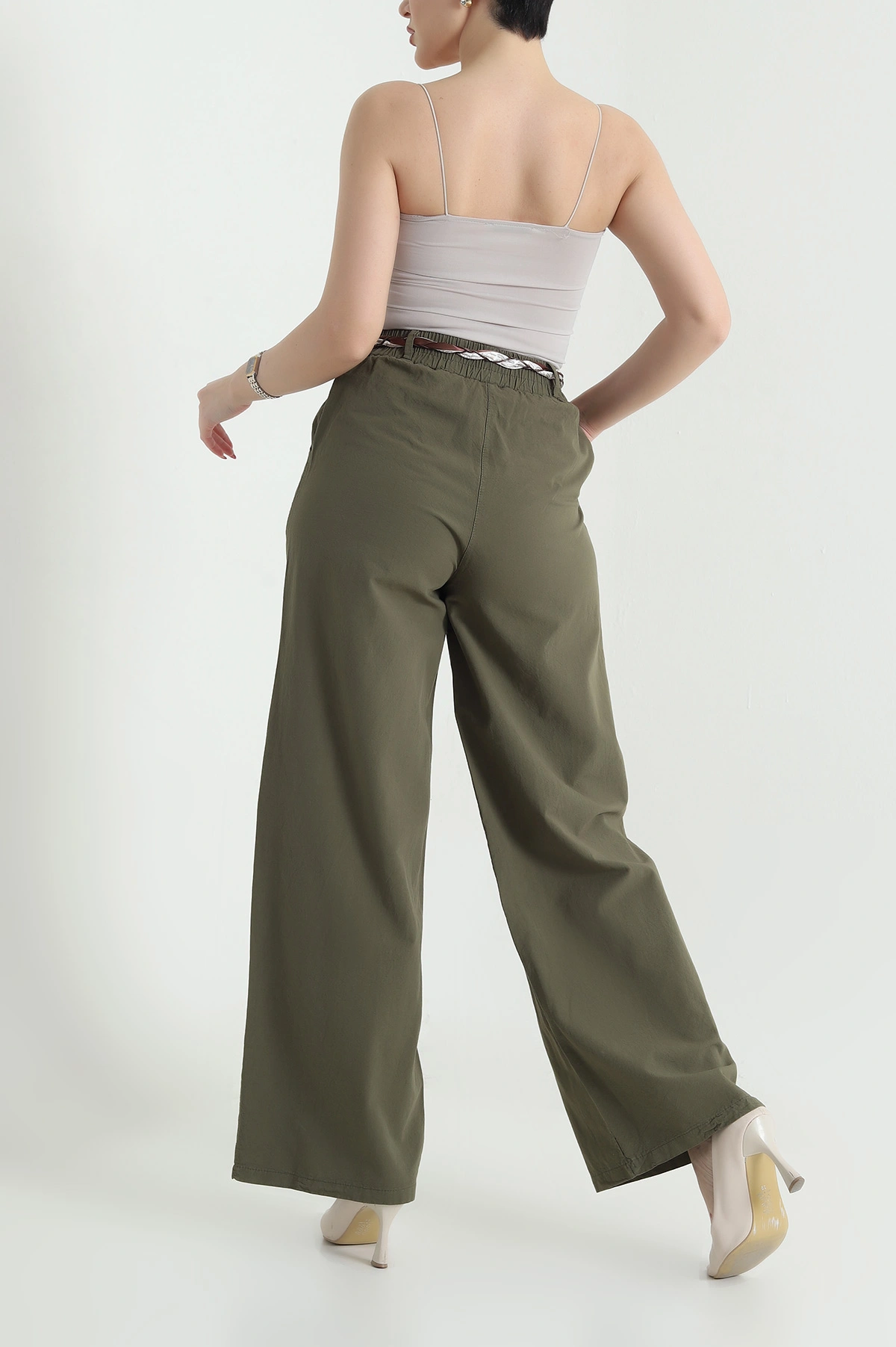 Haki Fular Kemerli Tensel Gabardin Kadın Pantolon 440439