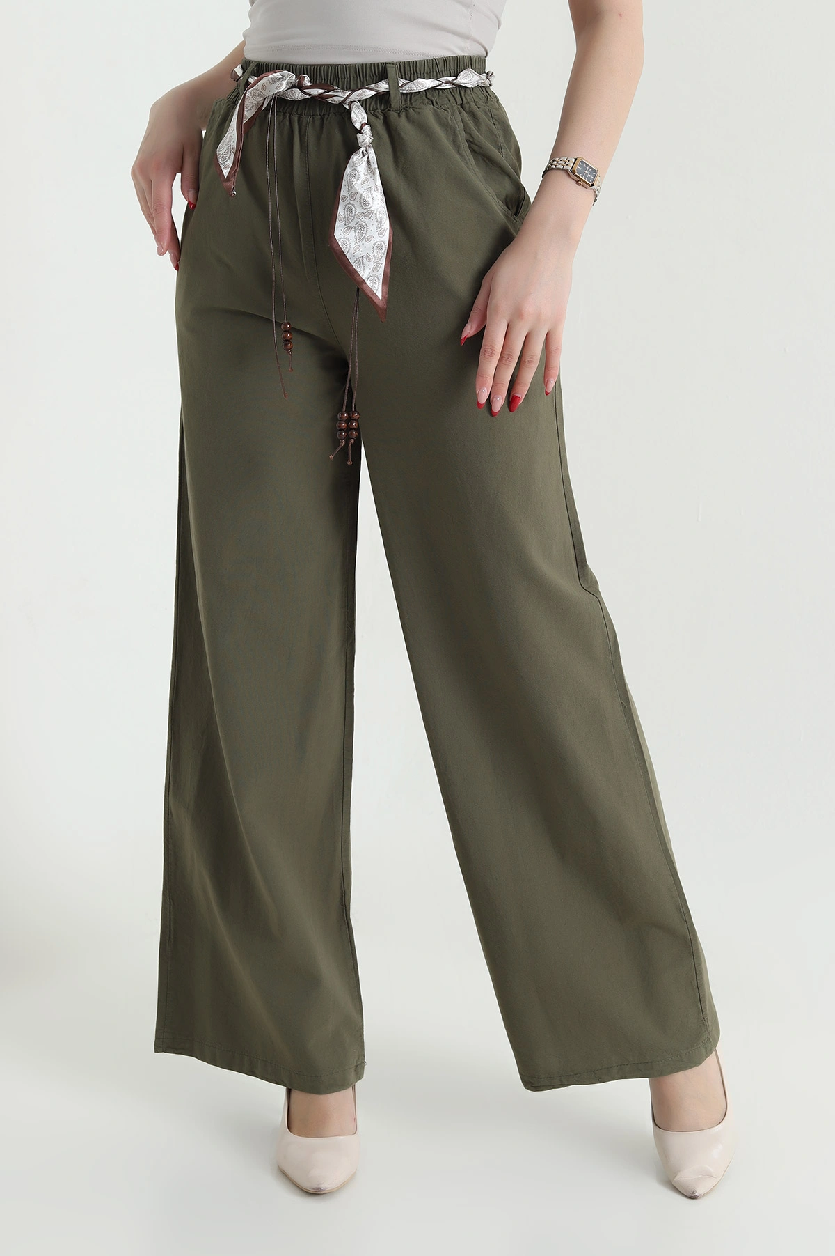Haki Fular Kemerli Tensel Gabardin Kadın Pantolon 440439