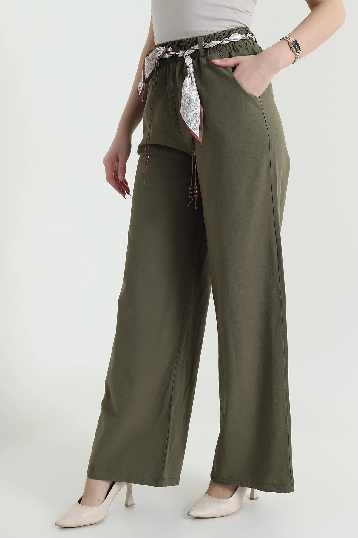 Haki Fular Kemerli Tensel Gabardin Kadın Pantolon 440439