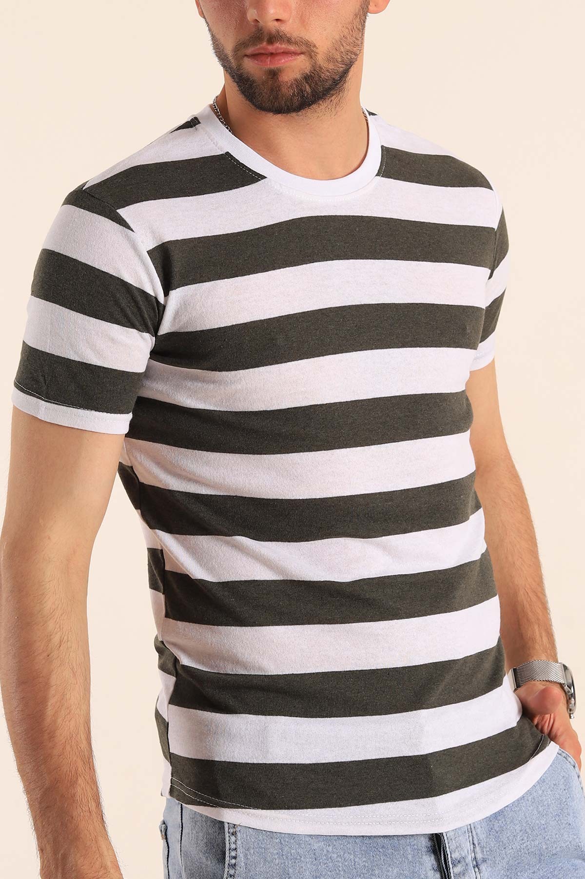 Haki Geniş Çizgili Regular Fit Erkek Tişört 189819
