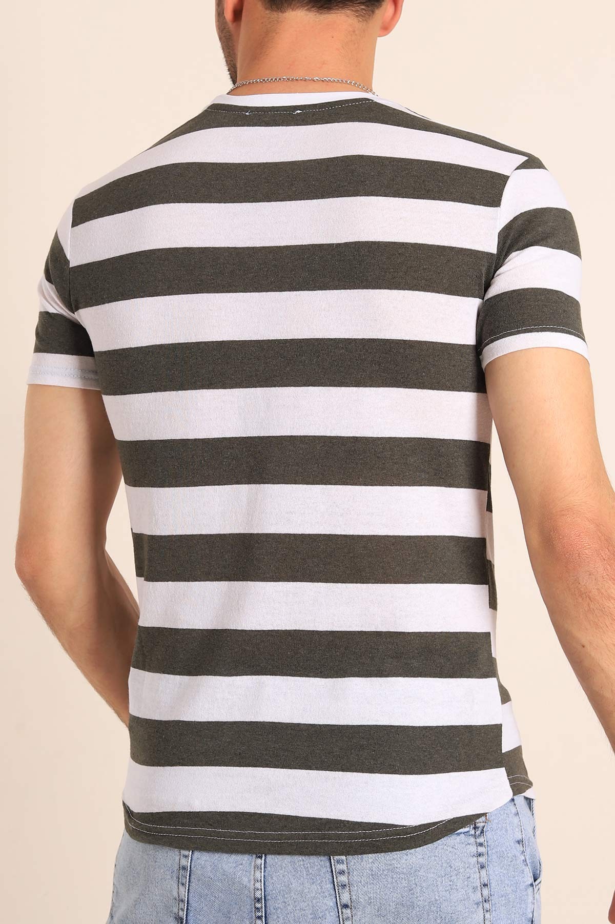 Haki Geniş Çizgili Regular Fit Erkek Tişört 189819