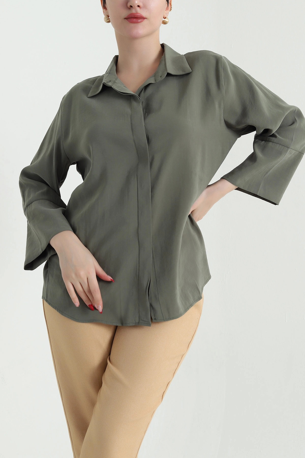 Haki Gizli Pat Oversize Modal Kadın Gömlek 440200