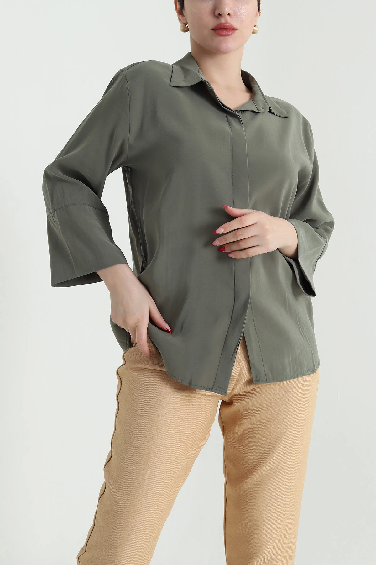 Haki Gizli Pat Oversize Modal Kadın Gömlek 440200