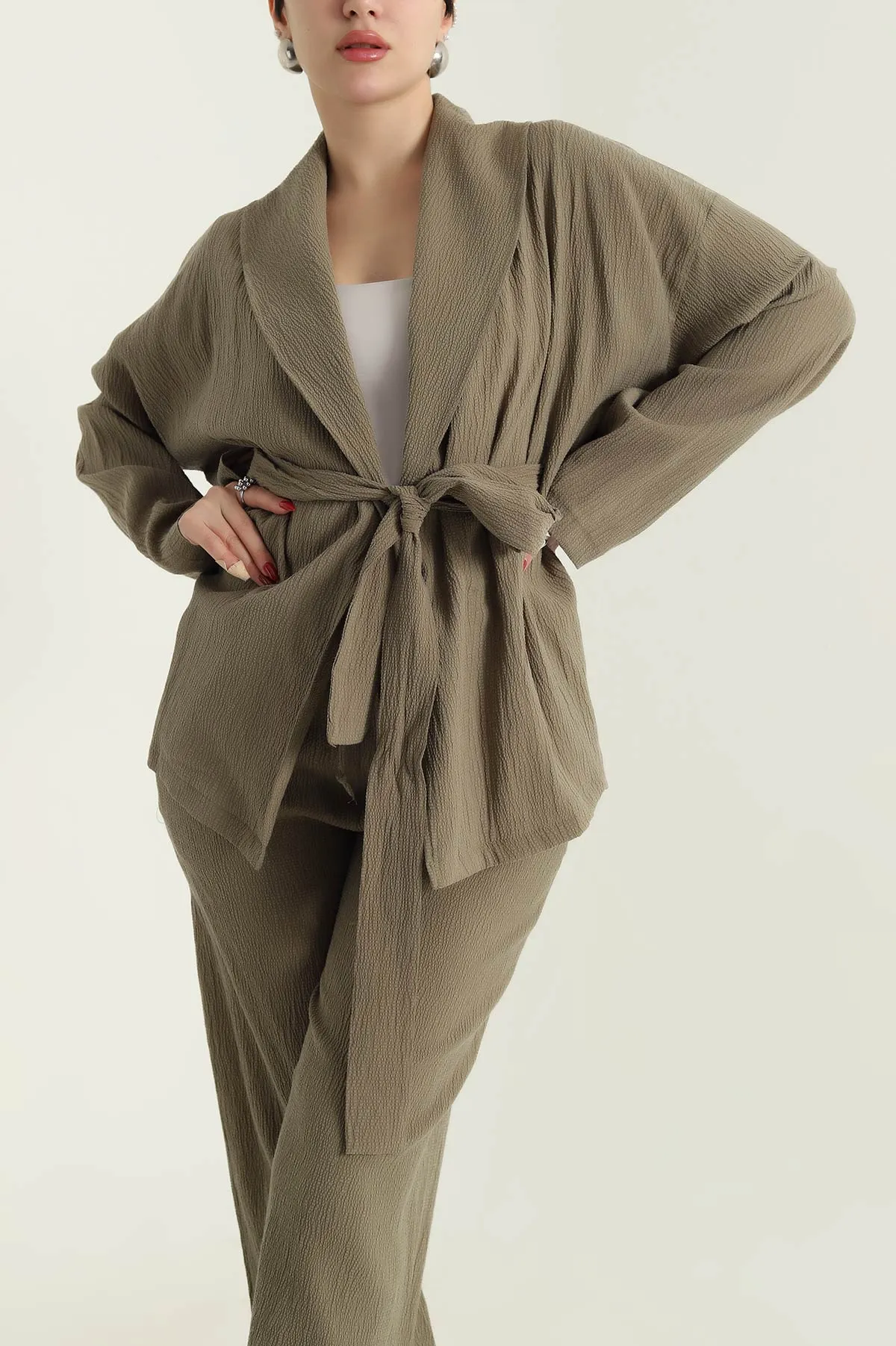 Haki Gofre Kimono Pantolon Kadın İkili Takım 429930