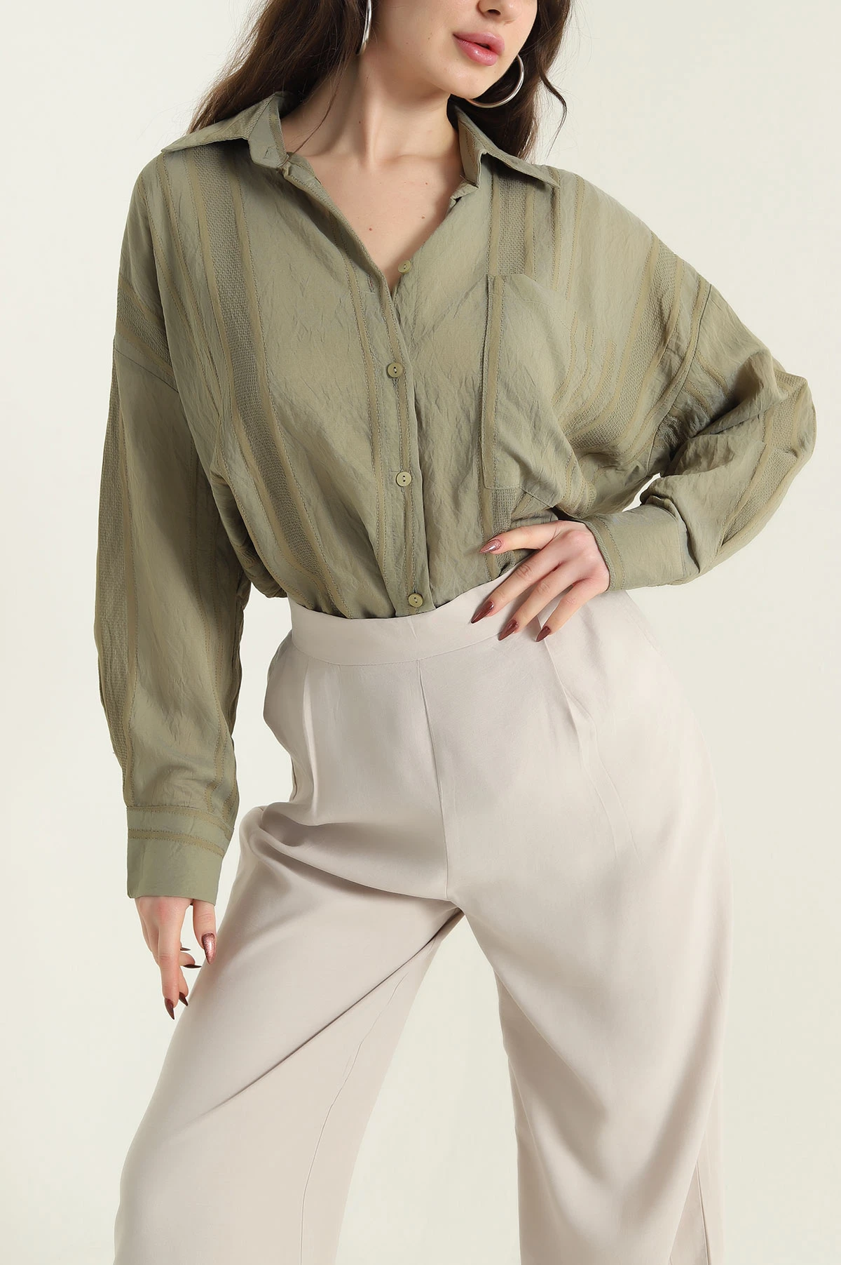 Haki İnce Tencel Buket Kadın Gömlek 432786