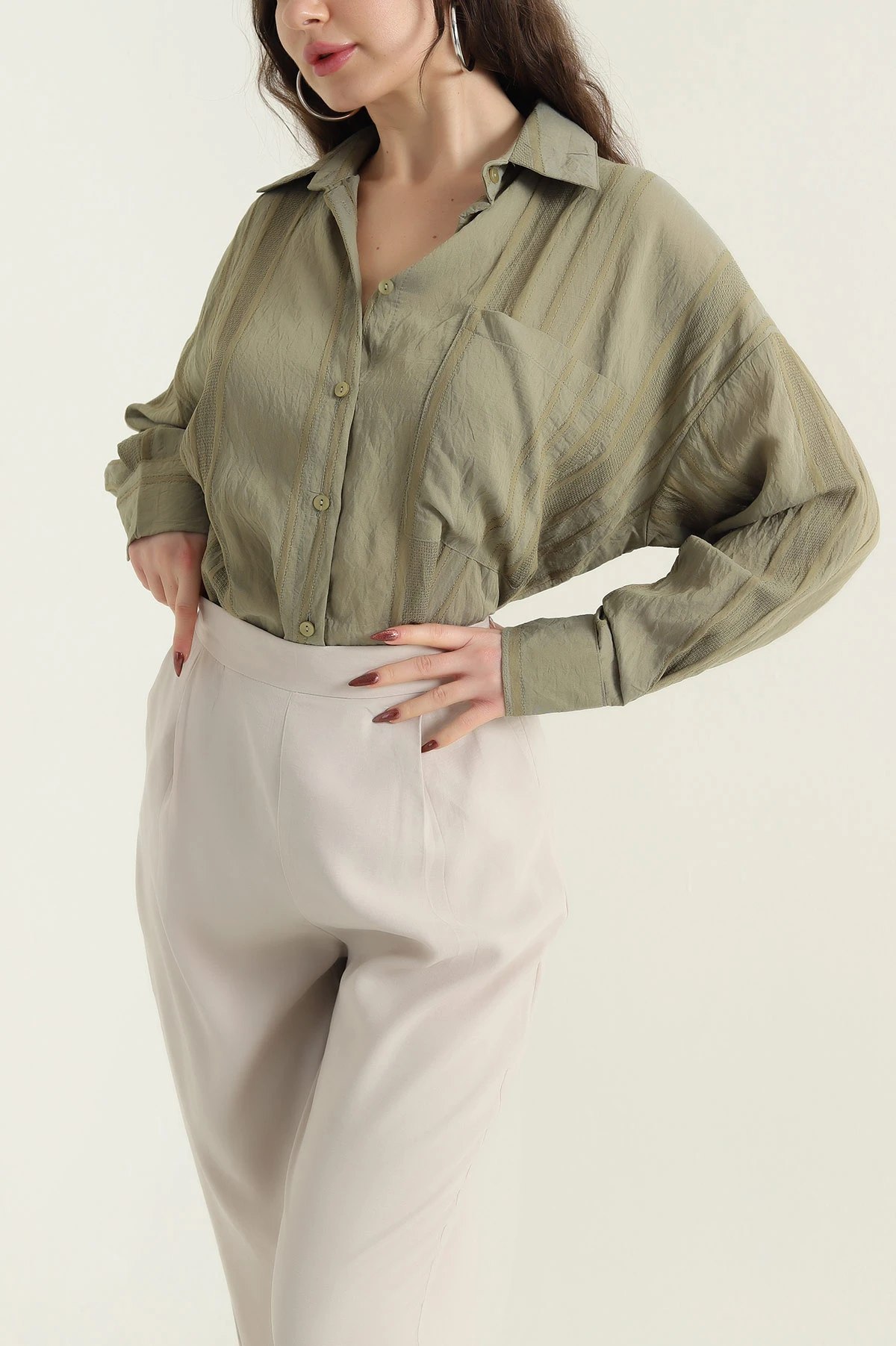 Haki İnce Tencel Buket Kadın Gömlek 432786