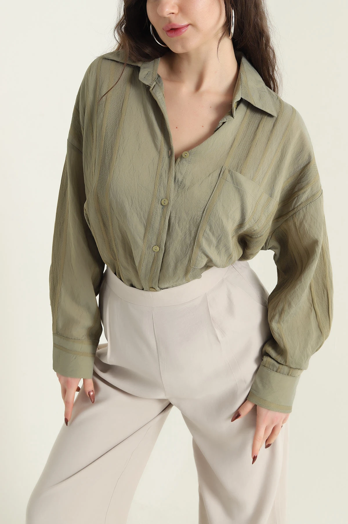 Haki İnce Tencel Buket Kadın Gömlek 432786