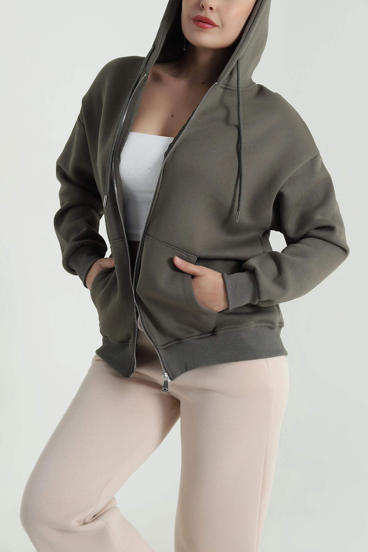 Haki Kapşonlu Şardonlu Üç İp Kadın Sweat 483269