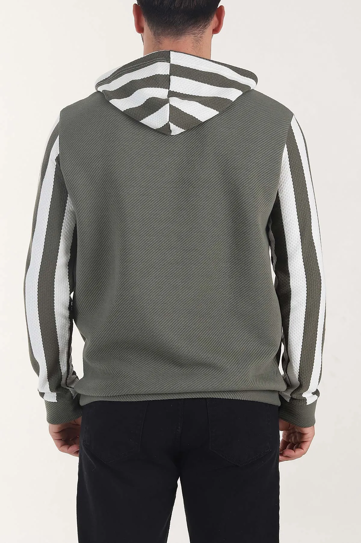 Haki Kapüşonlu Şerit Detaylı Erkek Sweatshirt 408064