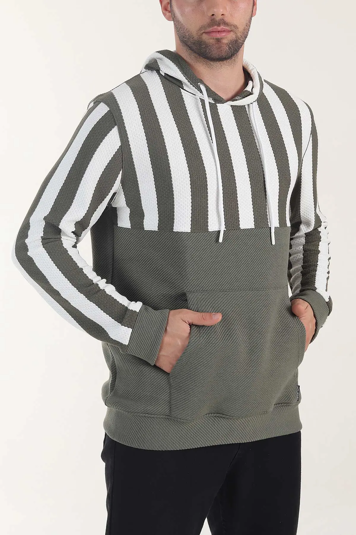 Haki Kapüşonlu Şerit Detaylı Erkek Sweatshirt 408064
