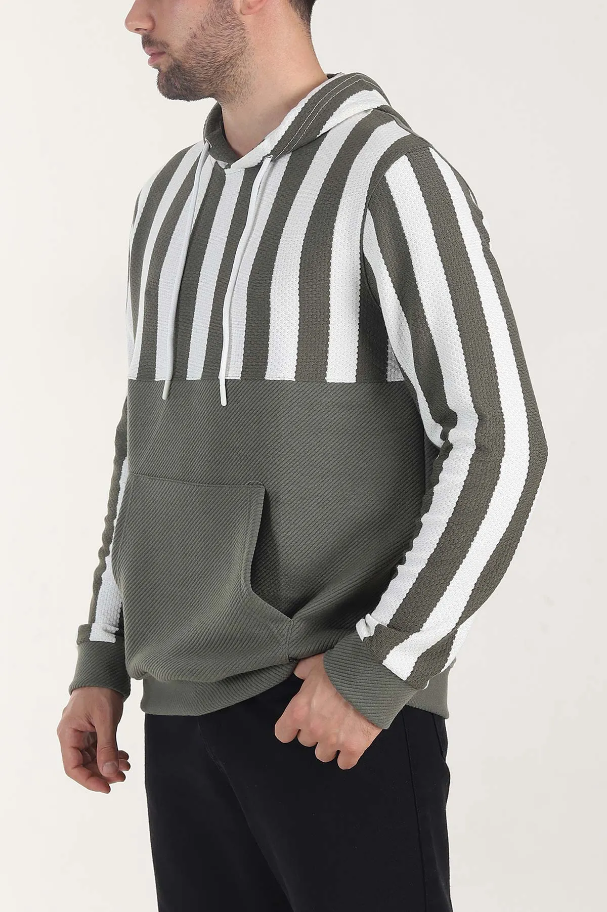 Haki Kapüşonlu Şerit Detaylı Erkek Sweatshirt 408064