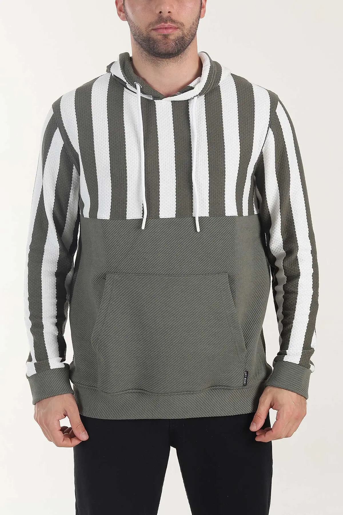 Haki Kapüşonlu Şerit Detaylı Erkek Sweatshirt 408064