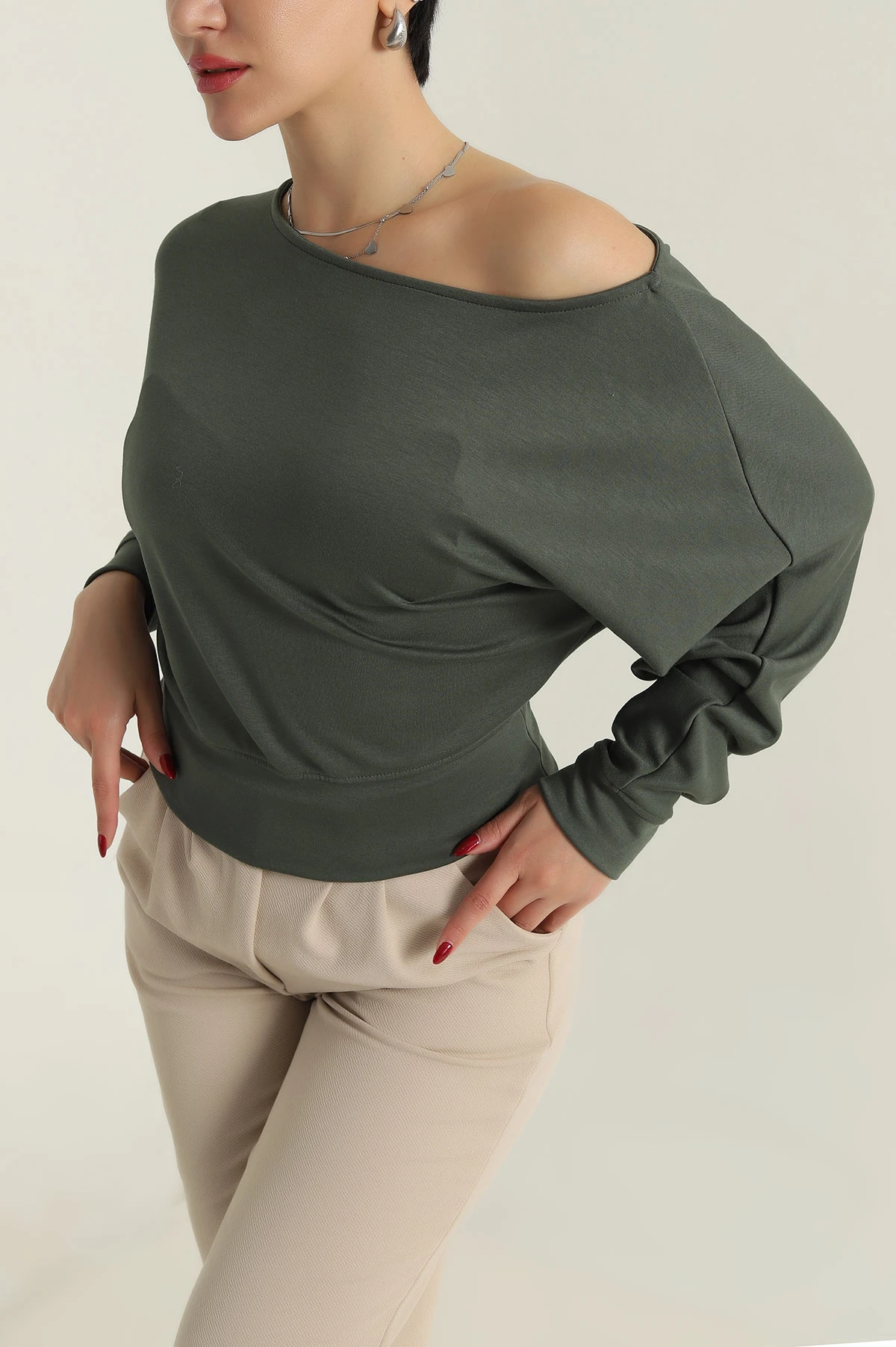 Haki Kayık Yaka Modal Kadın Bluz 415896