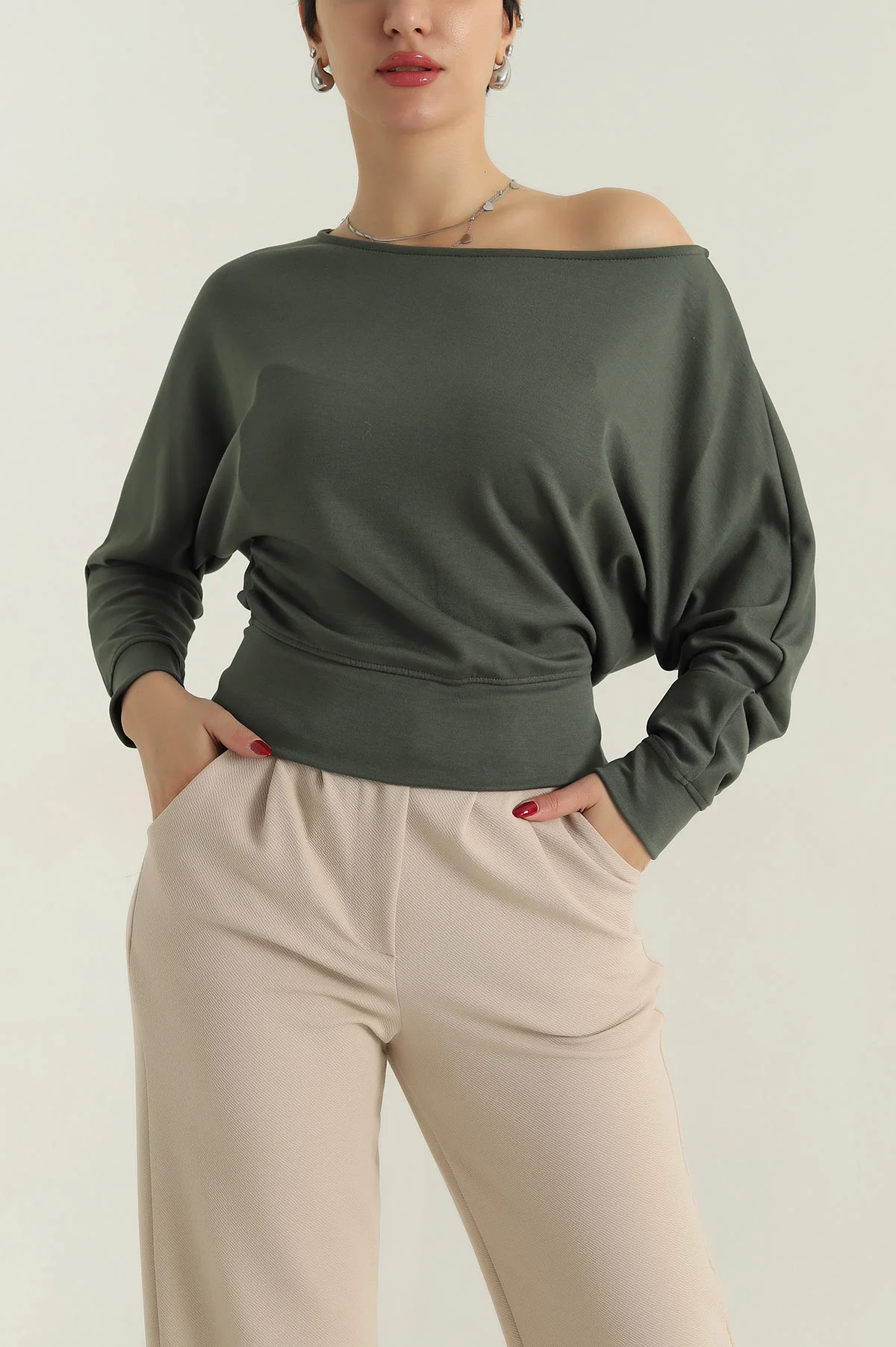 Haki Kayık Yaka Modal Kadın Bluz 415896