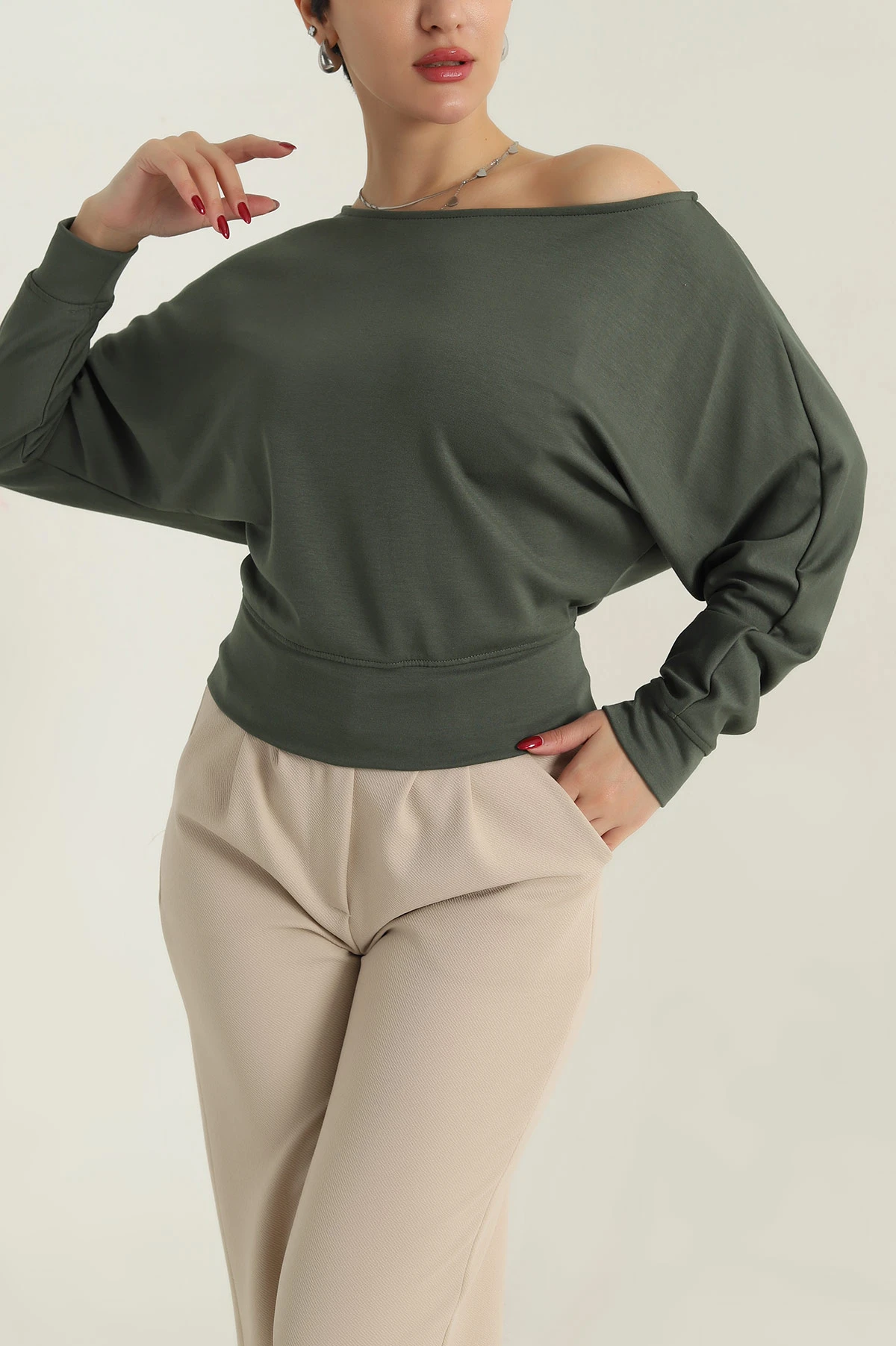 Haki Kayık Yaka Modal Kadın Bluz 415896