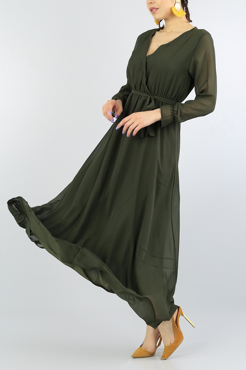 Haki Kemerli Astarlı Şifon Elbise 55617