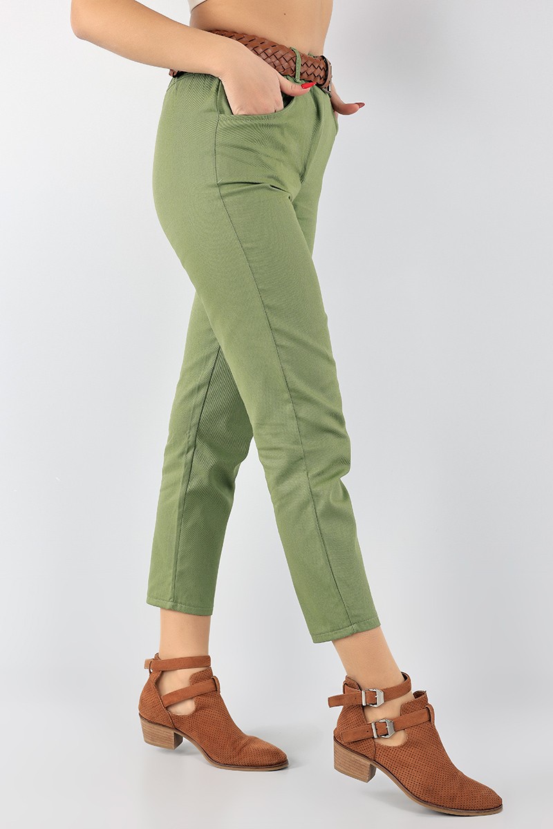 Haki Kemerli Bayan Gabardin Pantolon 96603