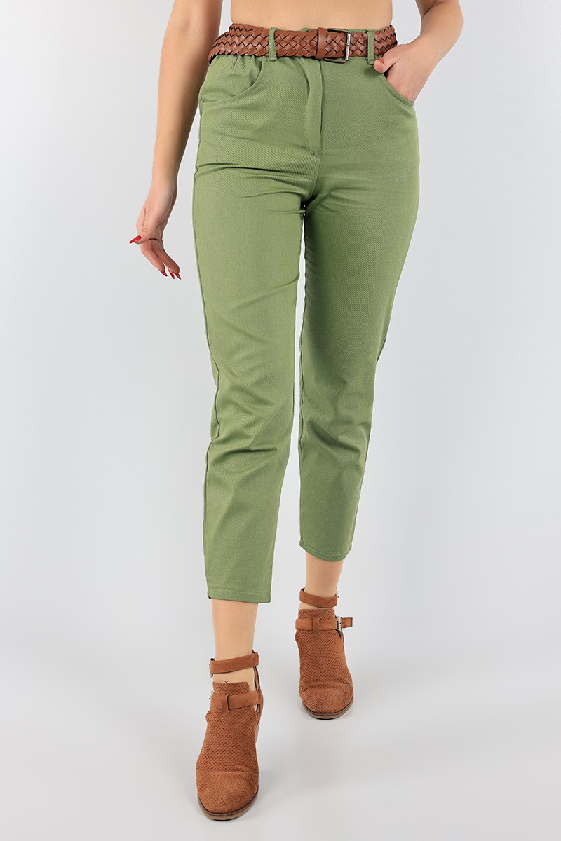 Haki Kemerli Bayan Gabardin Pantolon 96603