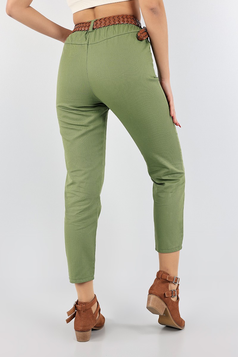 Haki Kemerli Bayan Gabardin Pantolon 96603