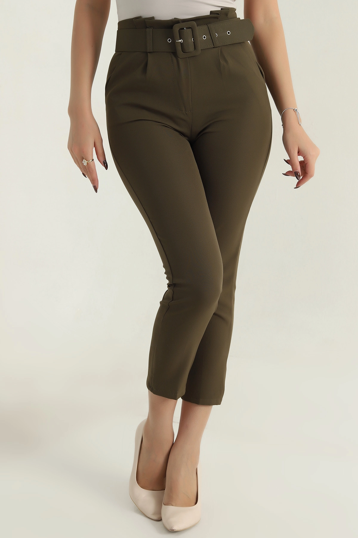 Haki Kemerli Dabıl Kadın Pantolon 410256