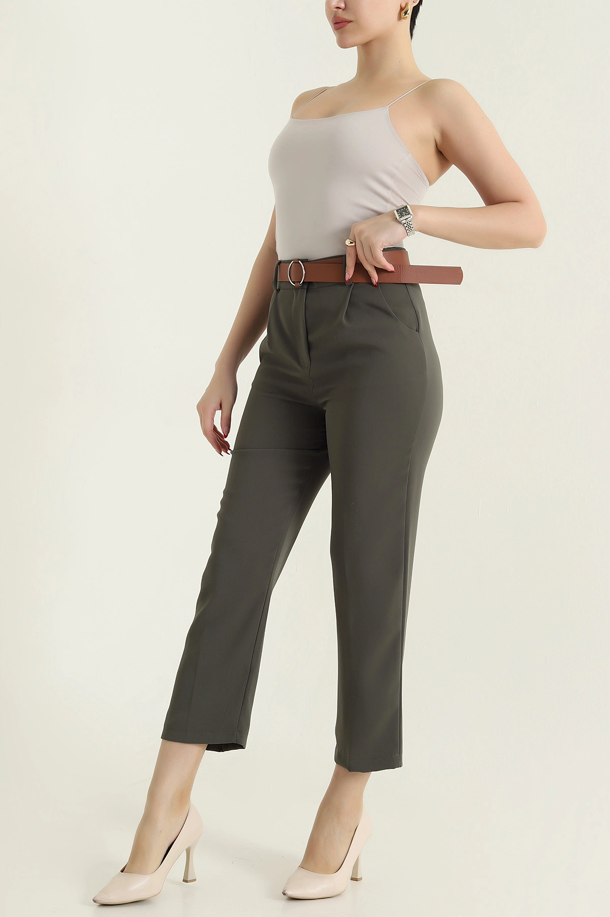 Haki Kemerli İthal Crep Kadın Pantolon 436912