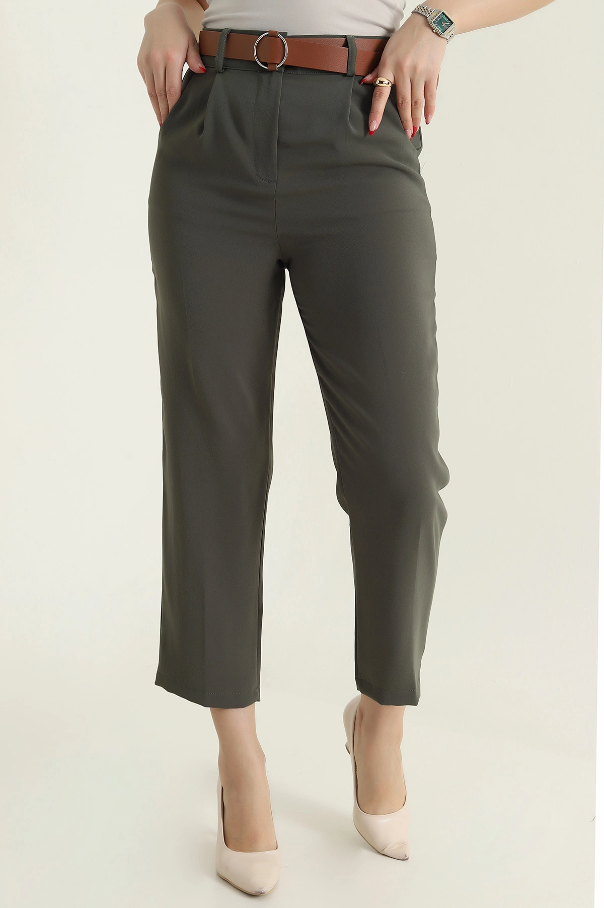 Haki Kemerli İthal Crep Kadın Pantolon 436912
