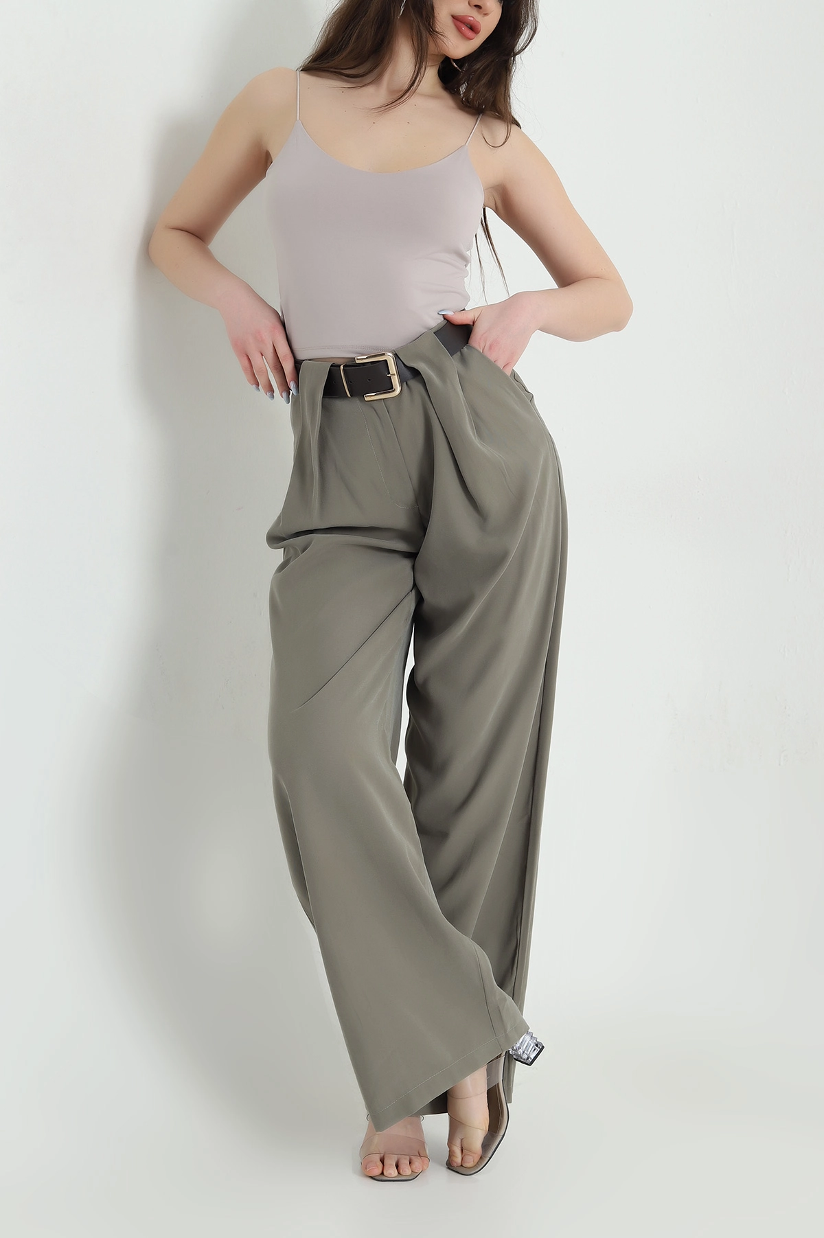 Haki Kemerli Kadın Diagonal Modal Salaş Pantolon 447814