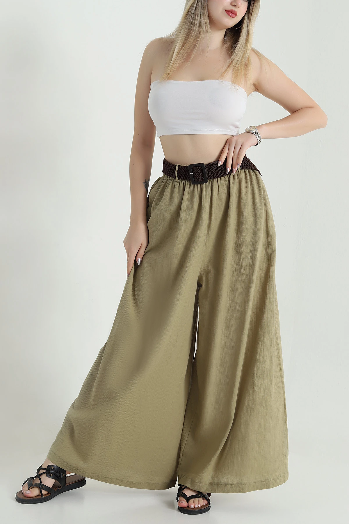 Haki Kemerli Krinkıl Kadın Pantolon 470056