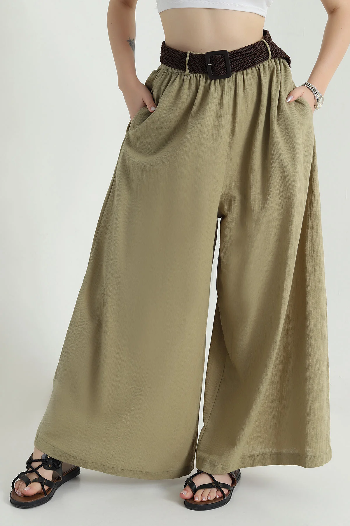 Haki Kemerli Krinkıl Kadın Pantolon 470056