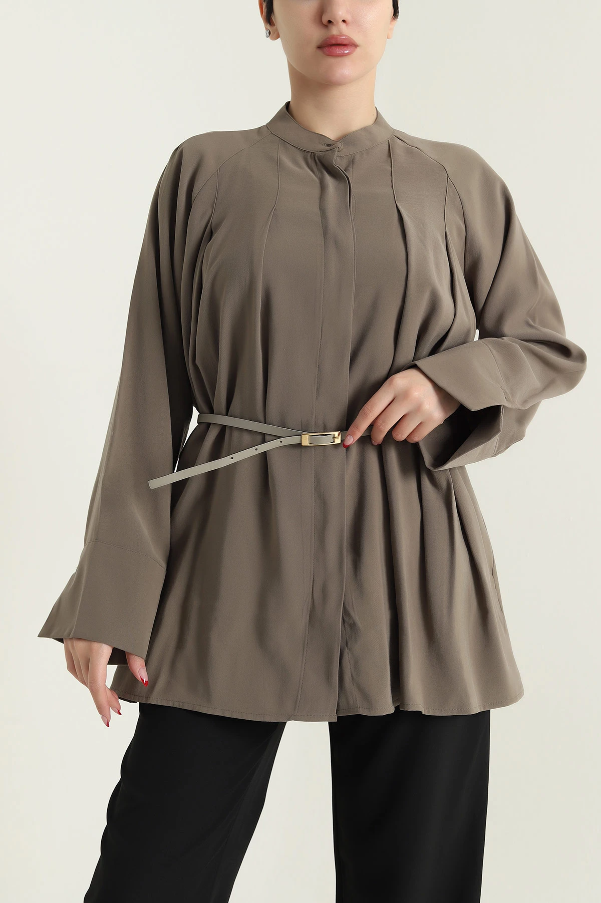Haki Kemerli Modal Kadın Gömlek Tunik 431169
