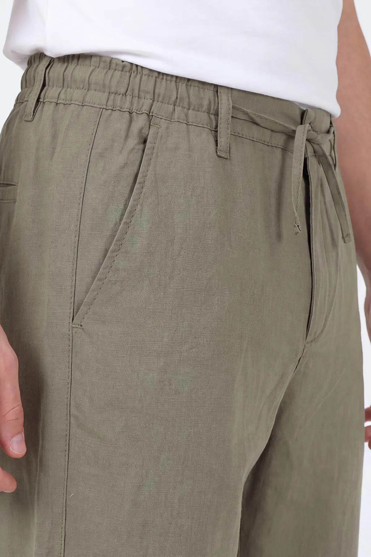 Haki Keten Yeni Sezon Baggy Belden Bağlamalı Erkek Pantolon 462732