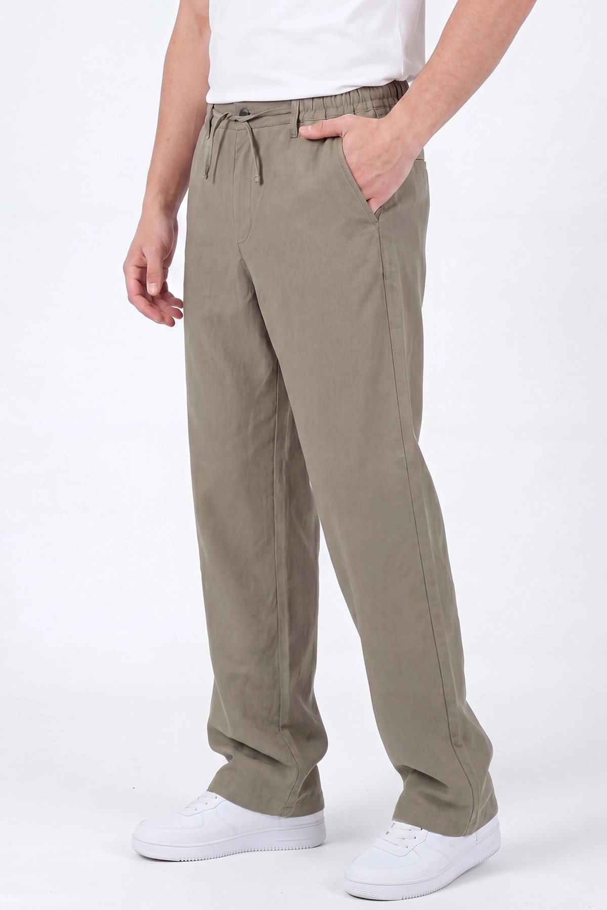 Haki Keten Yeni Sezon Baggy Belden Bağlamalı Erkek Pantolon 462732