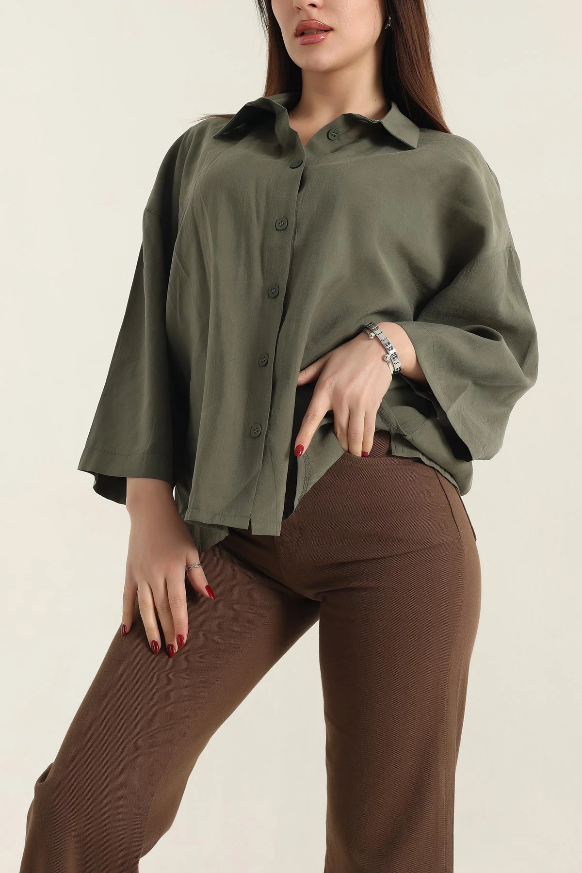 Haki Kısa Kol Tencel Oversize Bayan Gömlek 337585