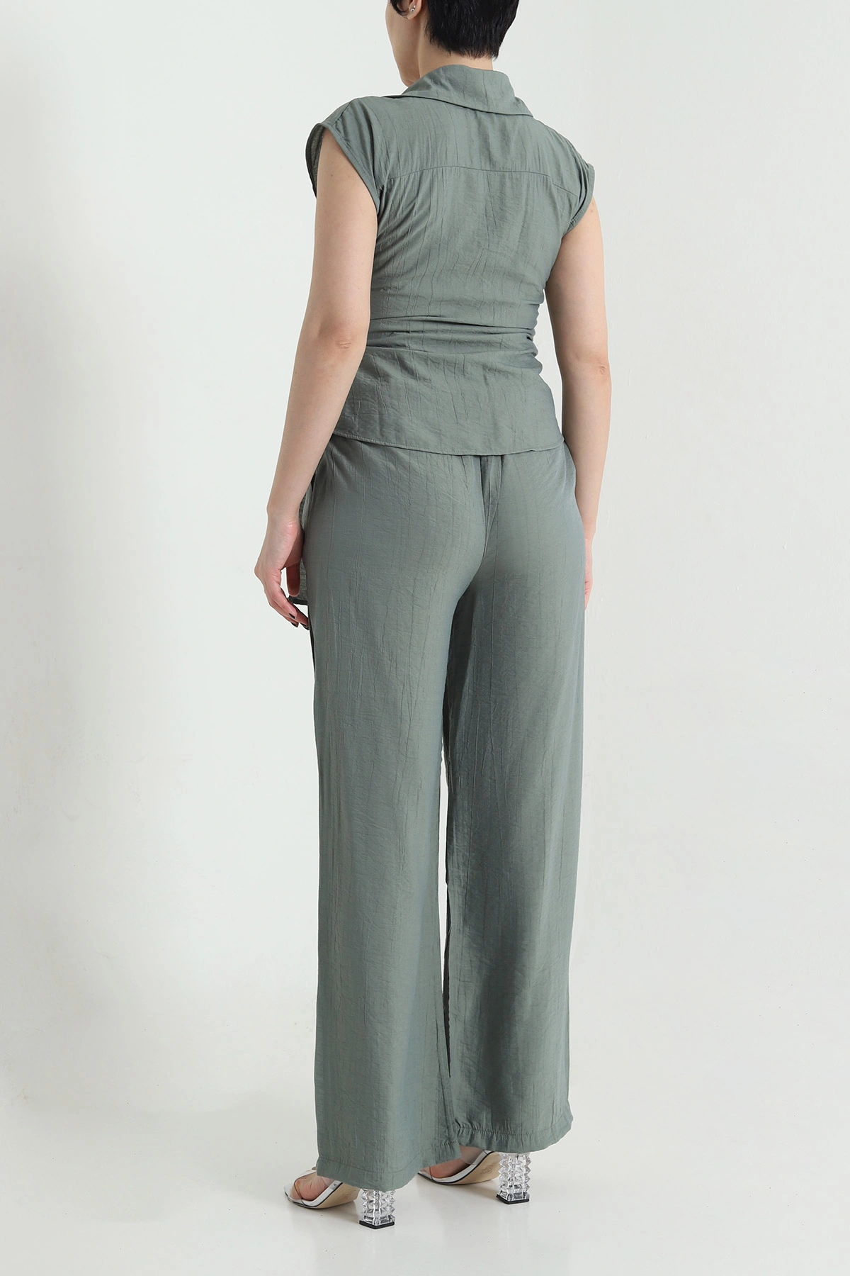 Haki Kraşlı Pantolon Bluz Kadın İkili Takım 455681