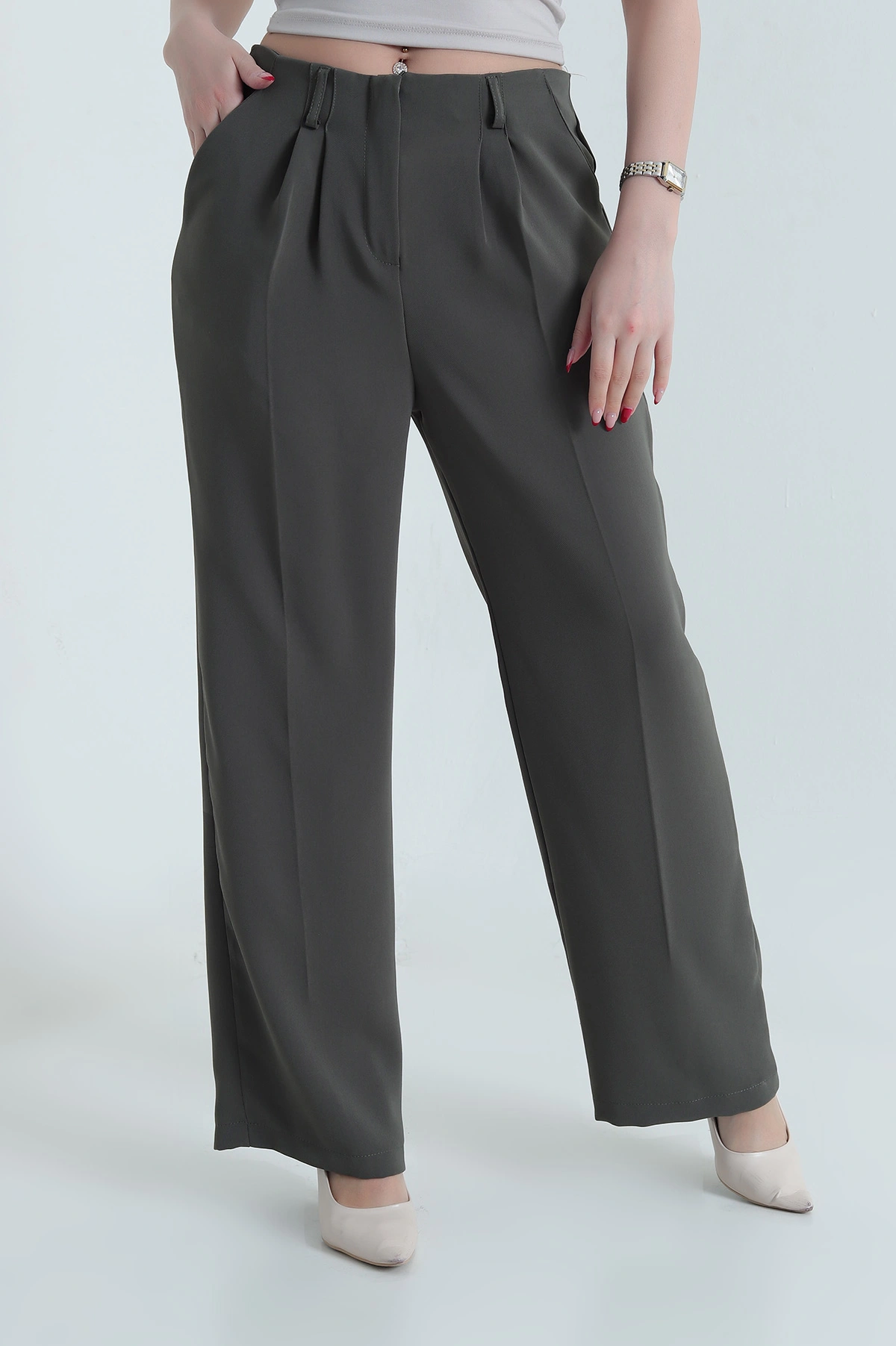 Haki Krep Tencel Fermuarlı Cepli Kadın Pantolon 438804
