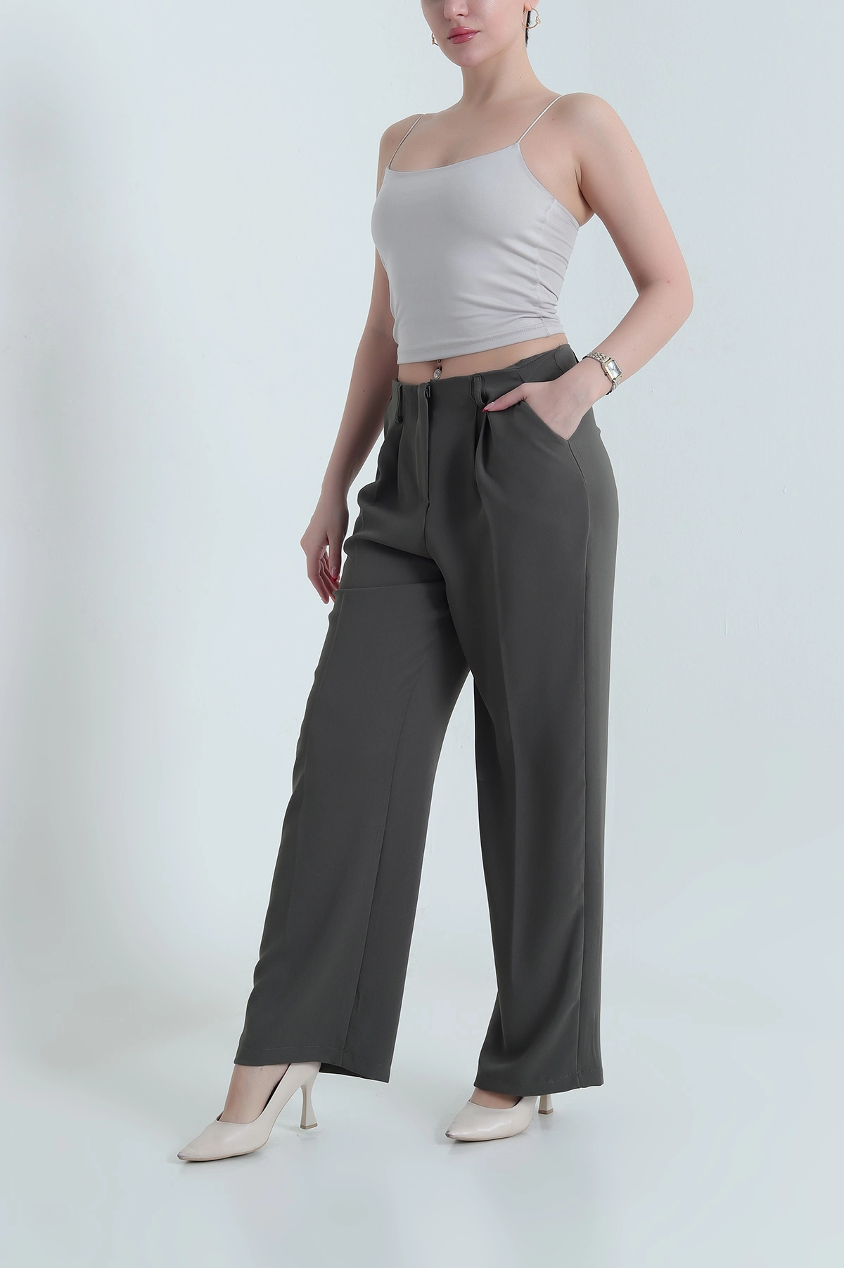 Haki Krep Tencel Fermuarlı Cepli Kadın Pantolon 438804