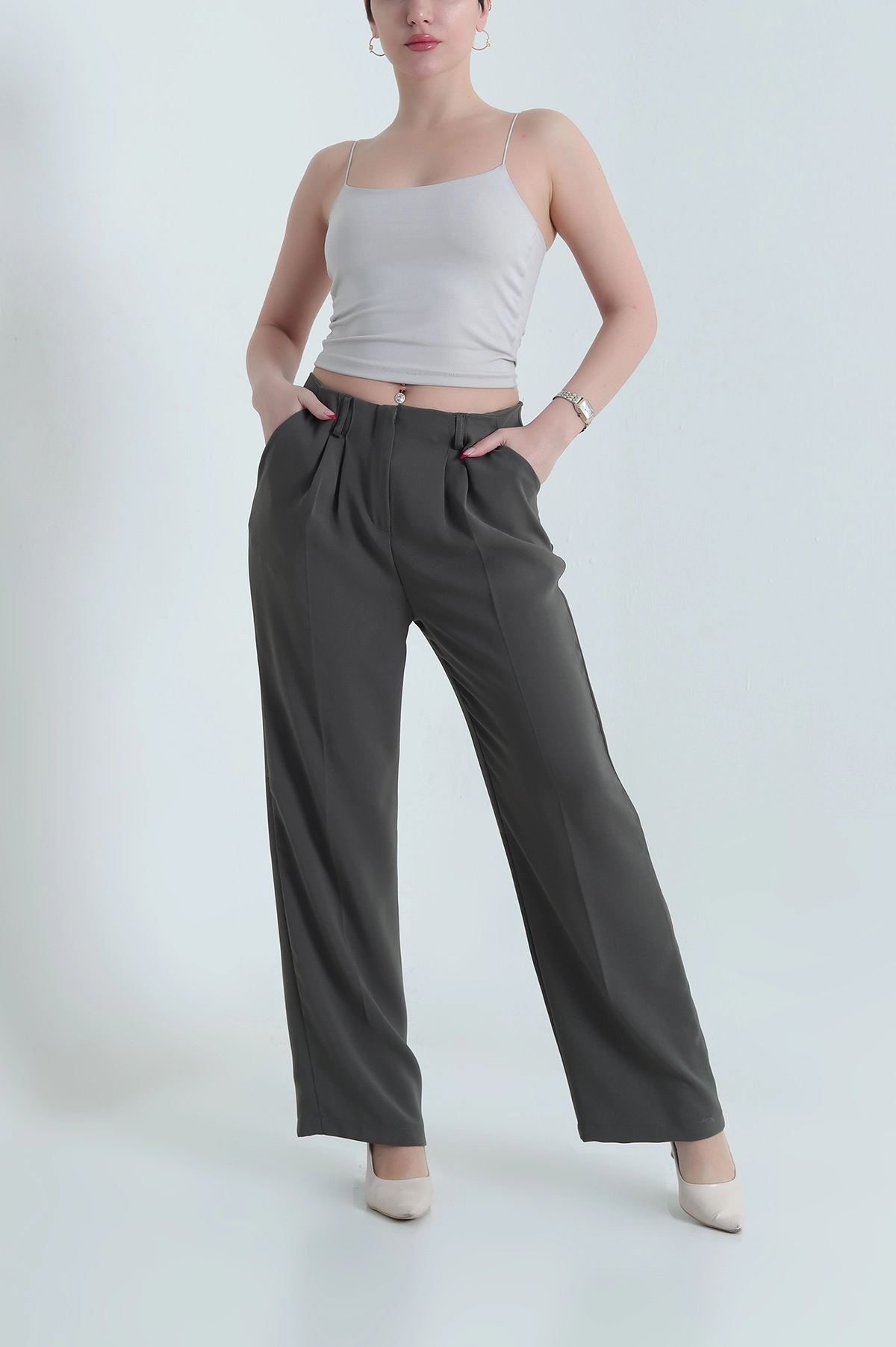 Haki Krep Tencel Fermuarlı Cepli Kadın Pantolon 438804