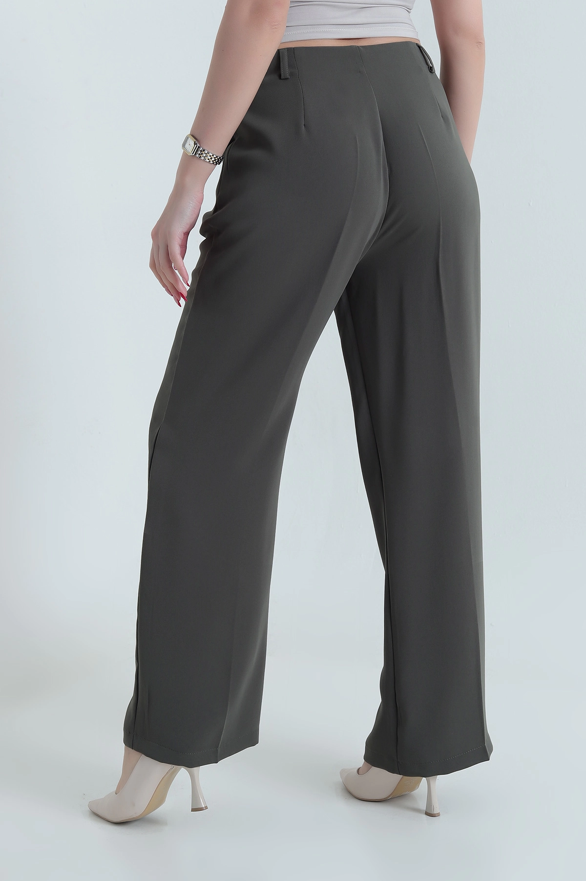 Haki Krep Tencel Fermuarlı Cepli Kadın Pantolon 438804