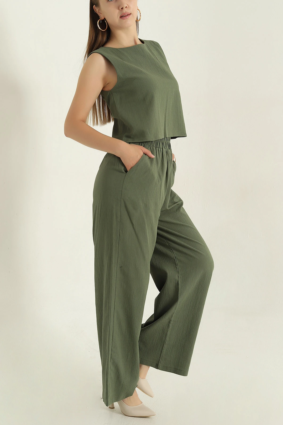 Haki Krinkıl Bluz Pantolon Kadın İkili Takım 374505