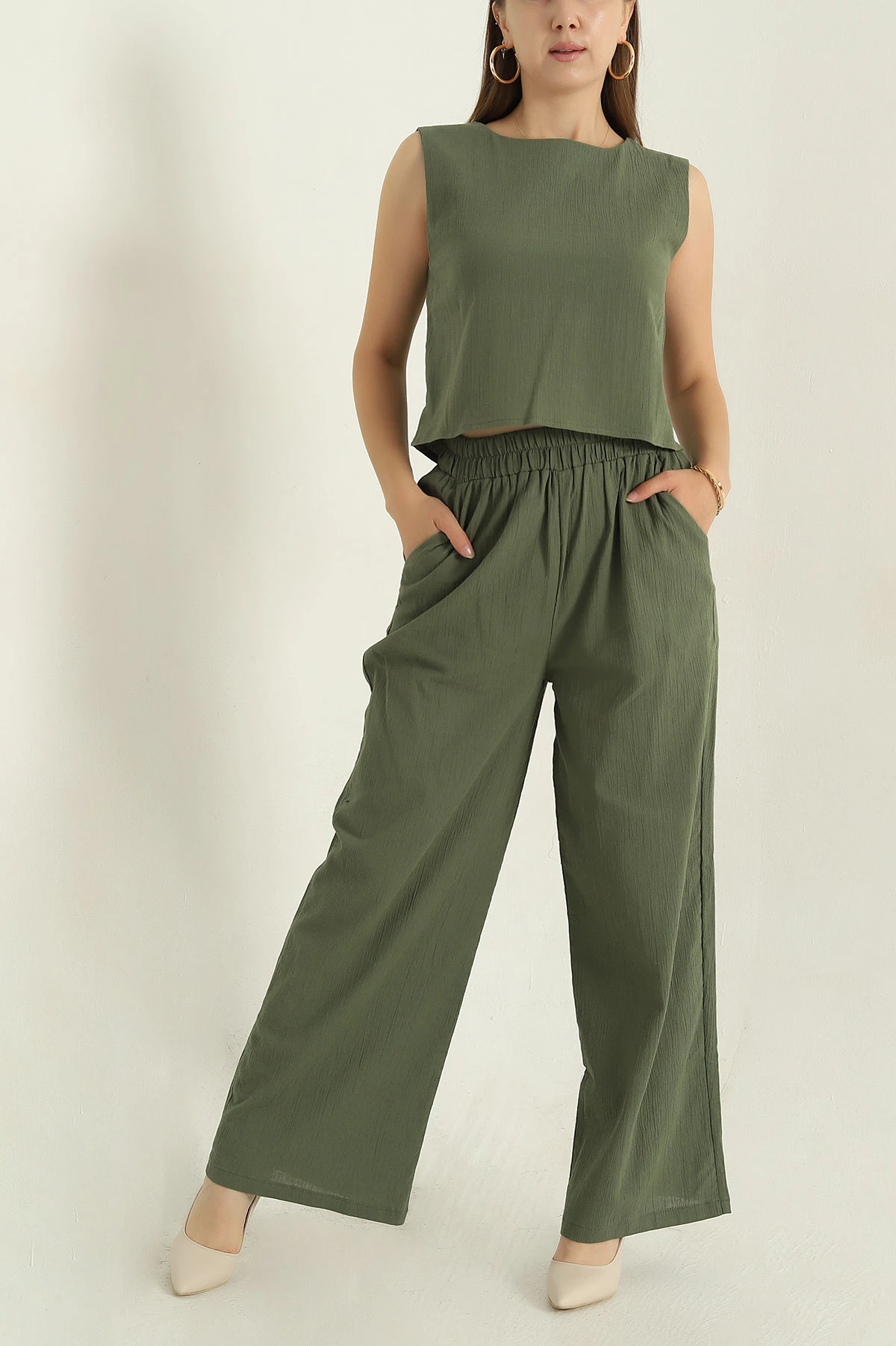 Haki Krinkıl Bluz Pantolon Kadın İkili Takım 374505