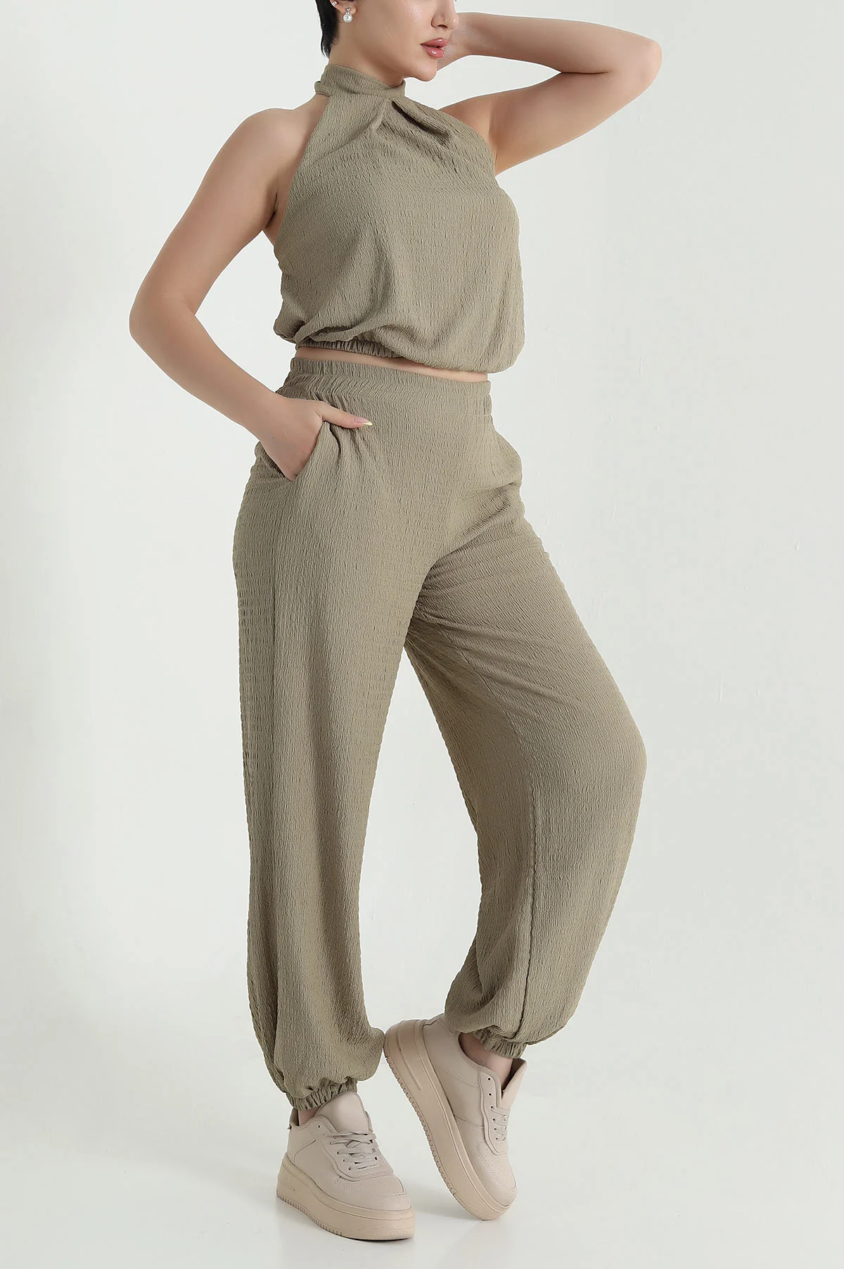 Haki Krinkıl Bluz Pantolon Kadın İkili Takım 468515