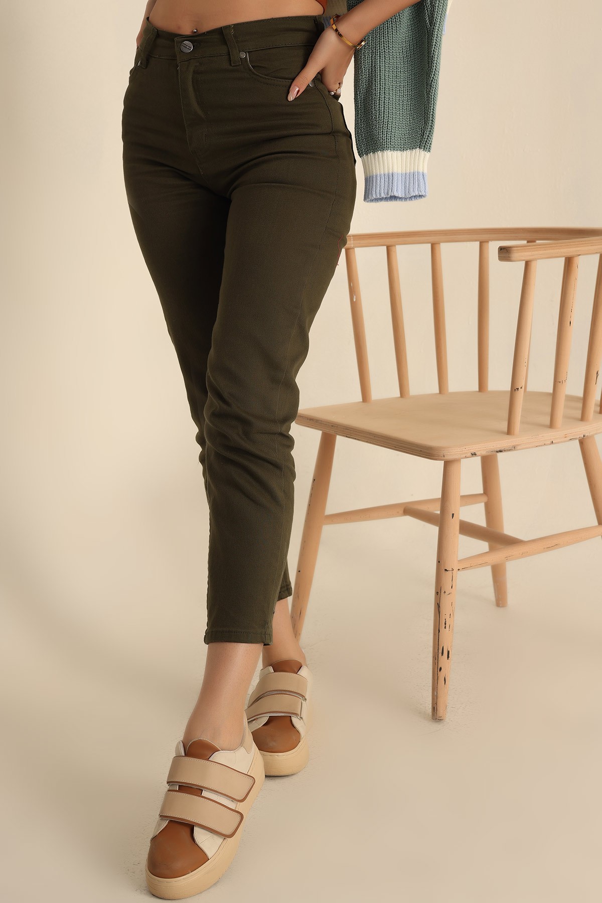 Haki Likralı Mom Bayan Kot Pantolon 222984