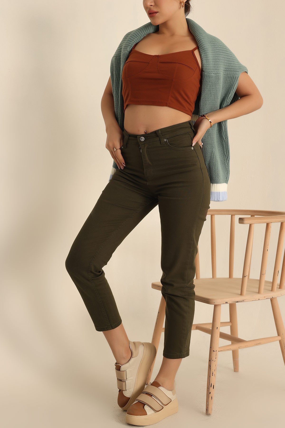 Haki Likralı Mom Bayan Kot Pantolon 222984