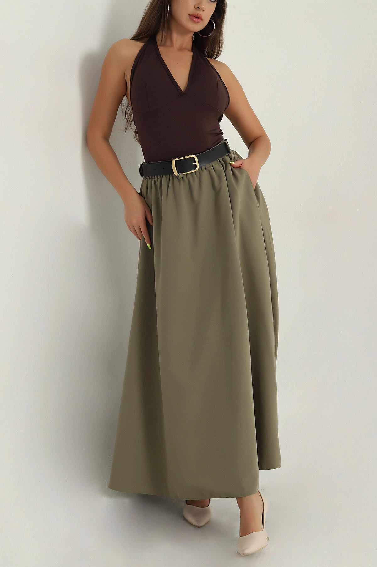 Haki Liza Soft Kemerli Kadın Etek 393113