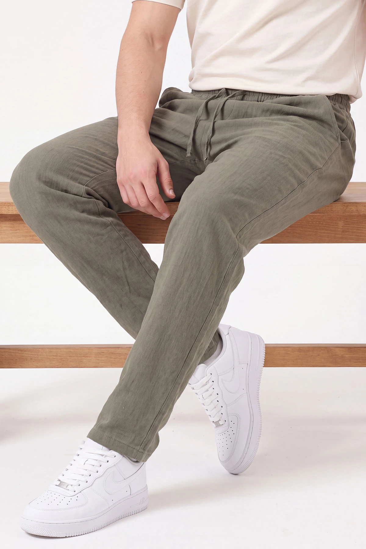 Haki Müslin Keten Belden Bağlamalı Baggy Erkek Pantolon 473025